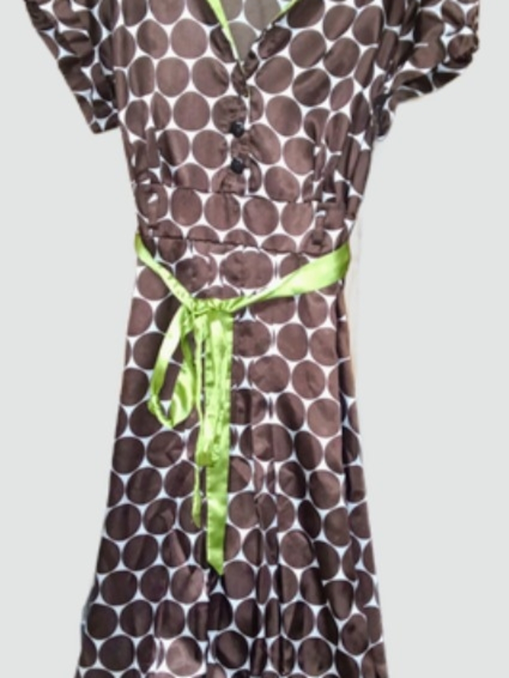 Polka Dot Satin Wrap Dress with Lime Sash